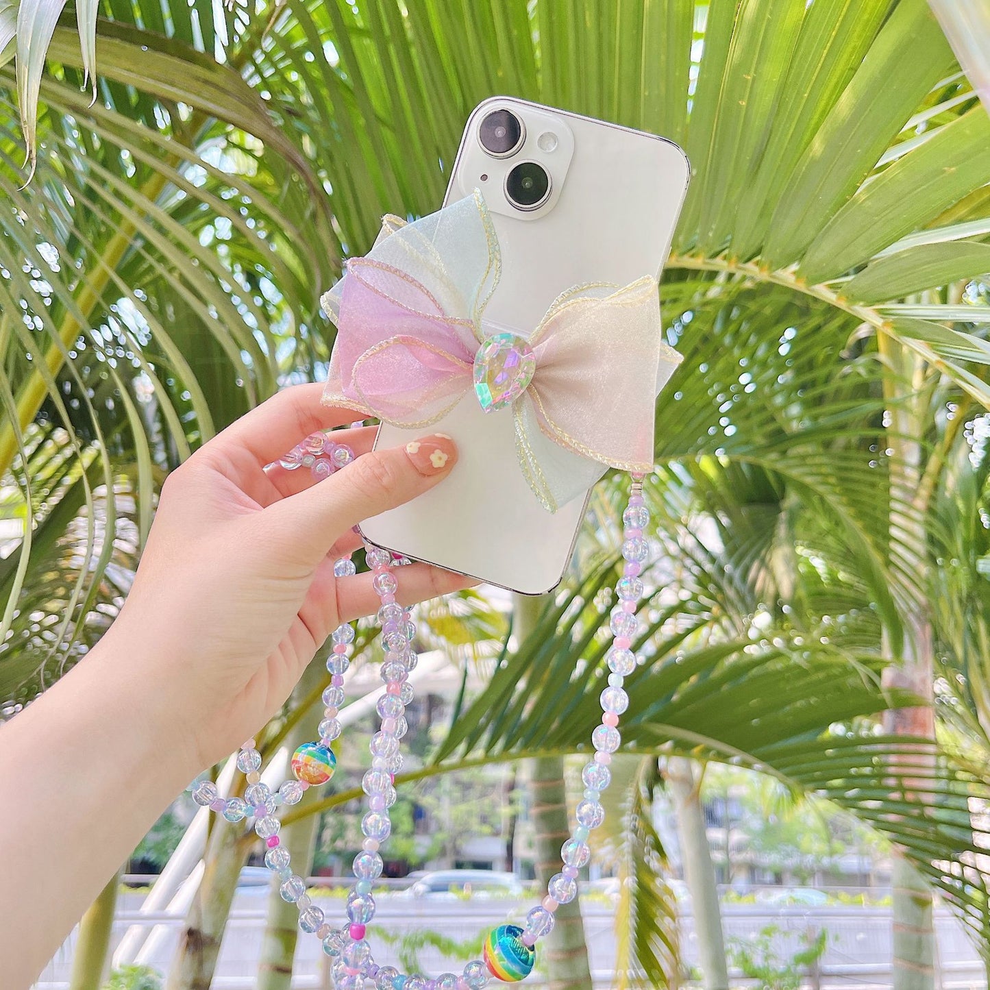 キュートリボンカラフルビーズサイドクリップスマホショルダー【ストラップタイプ】