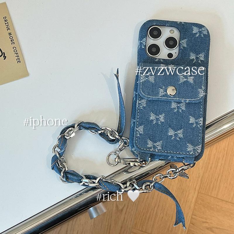 デニムリボン柄ボタンカードケーススマホケースハンドストラップ【ストラップタイプ/iphoneケース/カードケース】