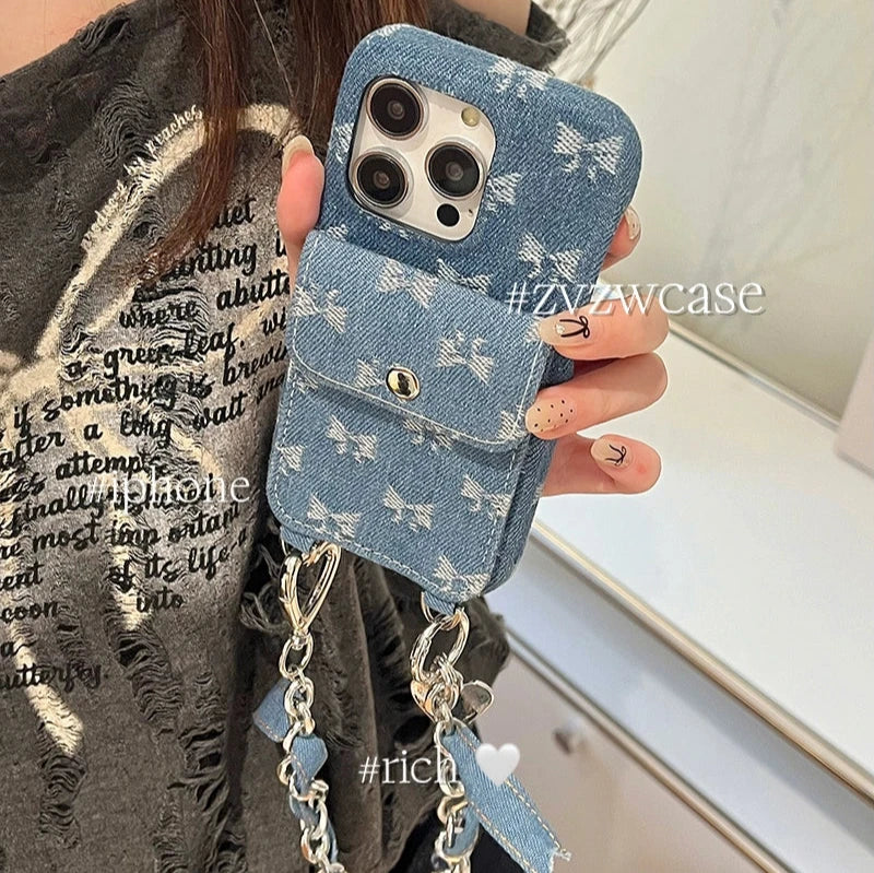 デニムリボン柄ボタンカードケーススマホケースハンドストラップ【ストラップタイプ/iphoneケース/カードケース】