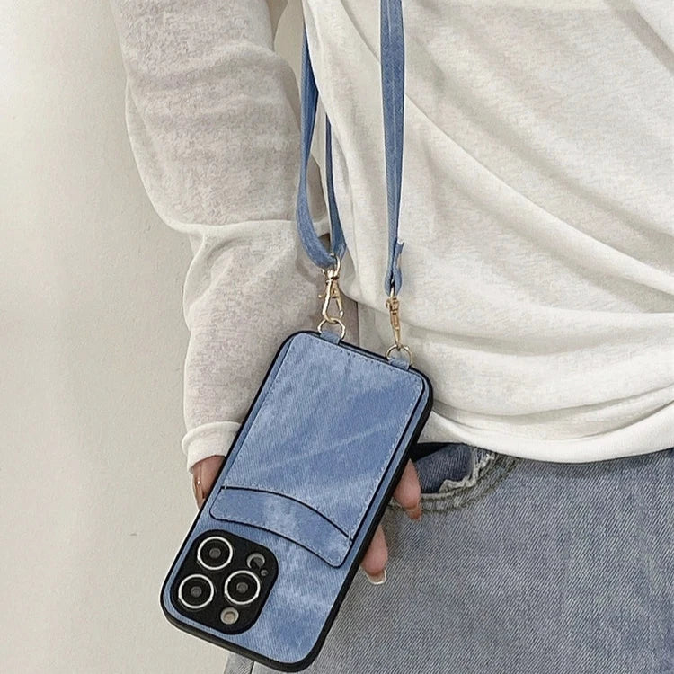デニムカード入れ付きスマホケースショルダー【ストラップタイプ/iphoneケース/カードケース】