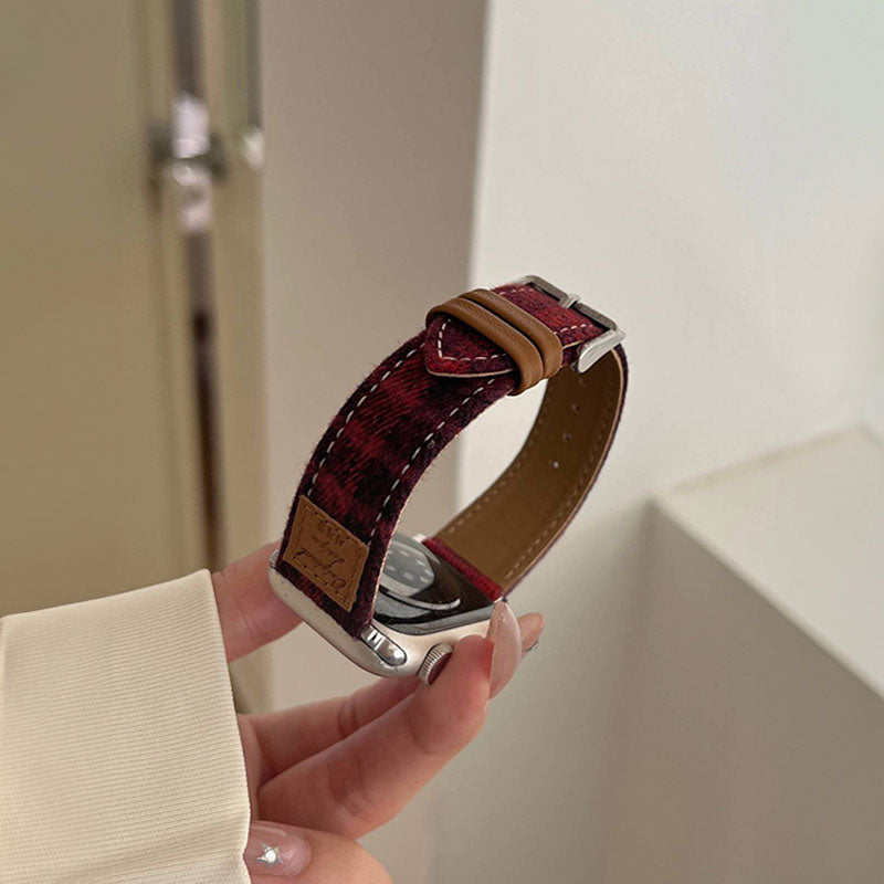 【秋冬コーデ】チェックデザインウールレザーアップルウォッチバンド【Apple Watch】