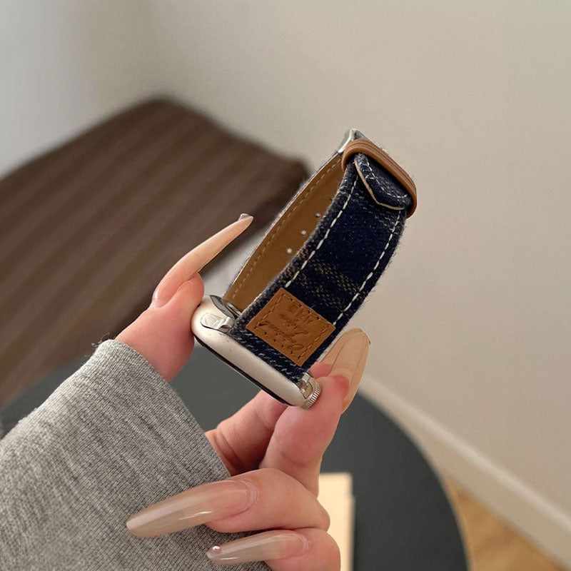 【秋冬コーデ】チェックデザインウールレザーアップルウォッチバンド【Apple Watch】