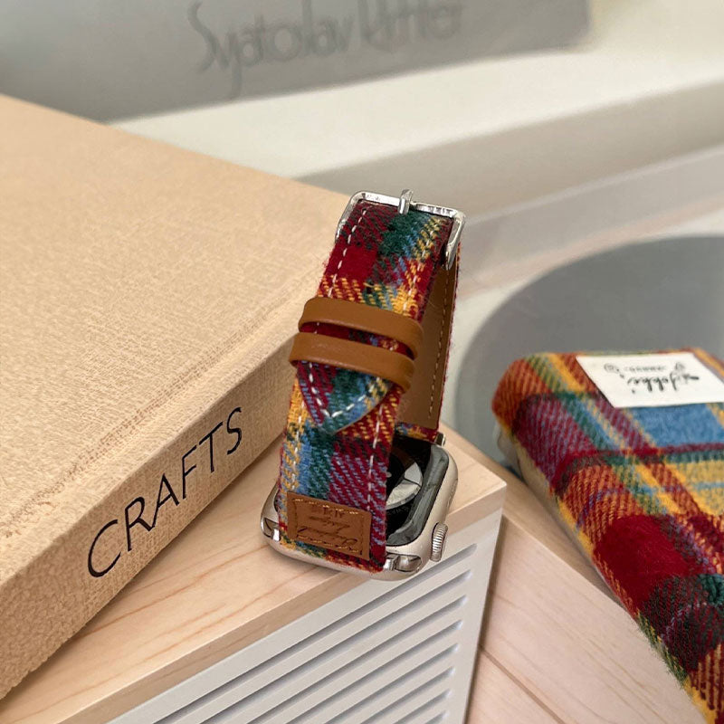 【秋冬コーデ】チェックデザインウールレザーアップルウォッチバンド【Apple Watch】