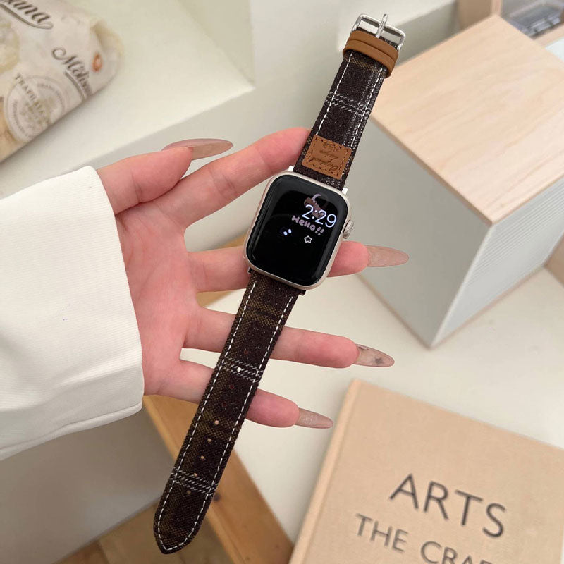 【秋冬コーデ】チェックデザインウールレザーアップルウォッチバンド【Apple Watch】