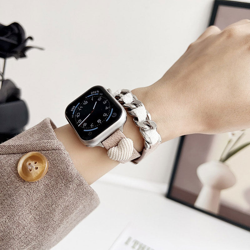 【秋冬デザイン】もこもこハートダブルループアップルウォッチバンド【Apple Watch】