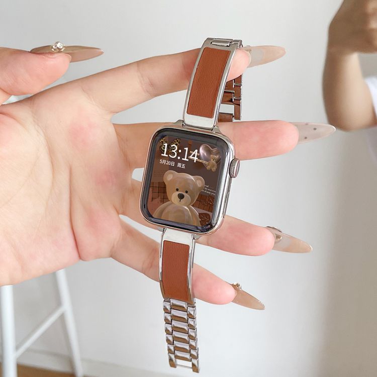 【レザーアクセント】メタルブレスアップルウォッチバンド【Apple Watch】