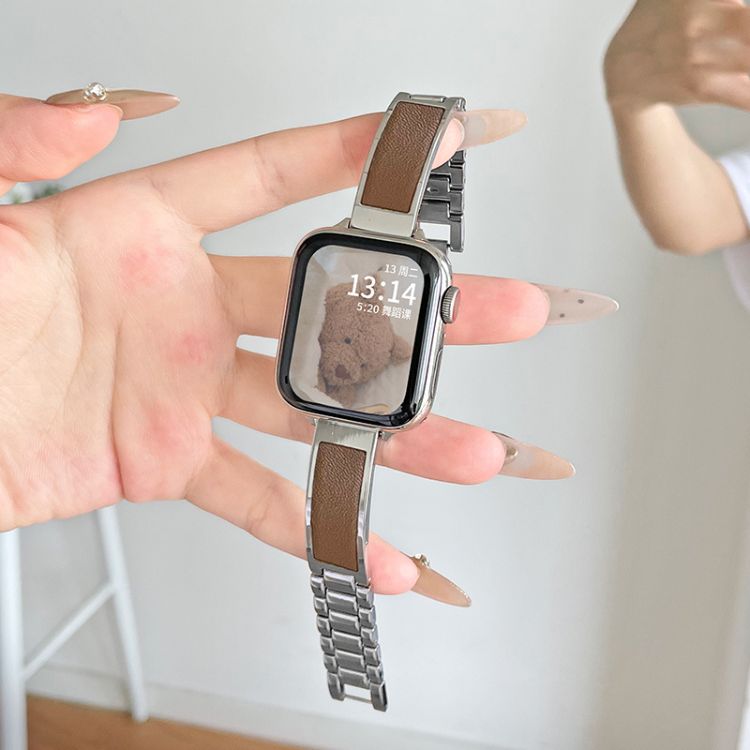 【レザーアクセント】メタルブレスアップルウォッチバンド【Apple Watch】