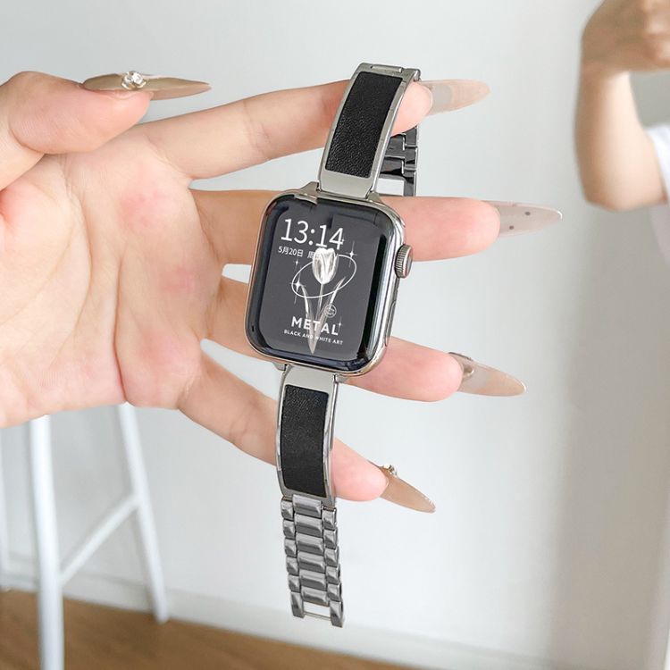 【レザーアクセント】メタルブレスアップルウォッチバンド【Apple Watch】