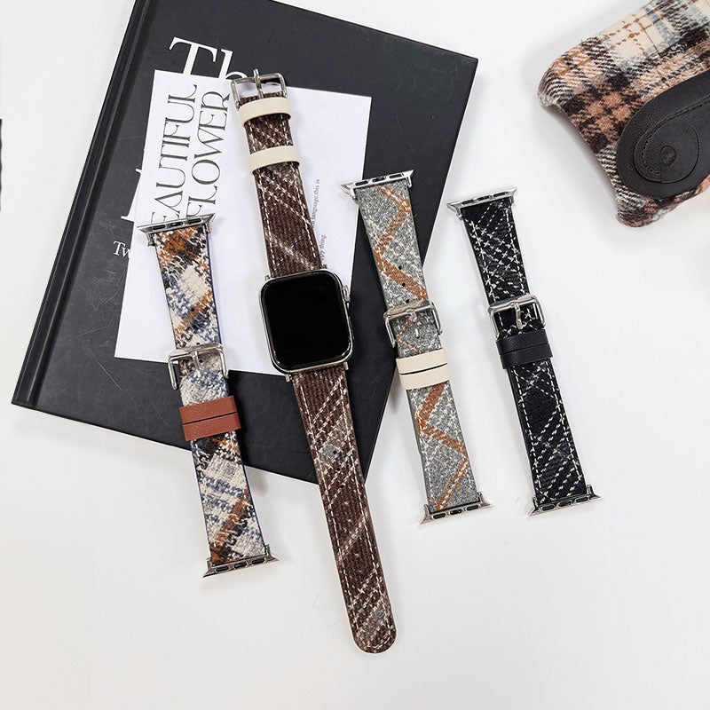 【ぬくもり感じる】チェックウールレザーアップルウォッチバンド【Apple Watch】