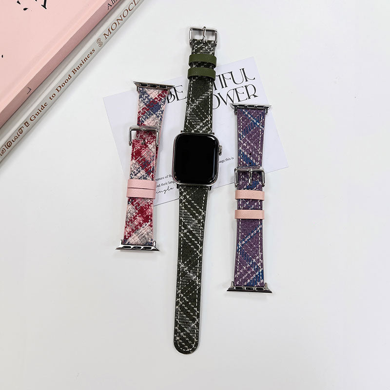 【ぬくもり感じる】チェックウールレザーアップルウォッチバンド【Apple Watch】