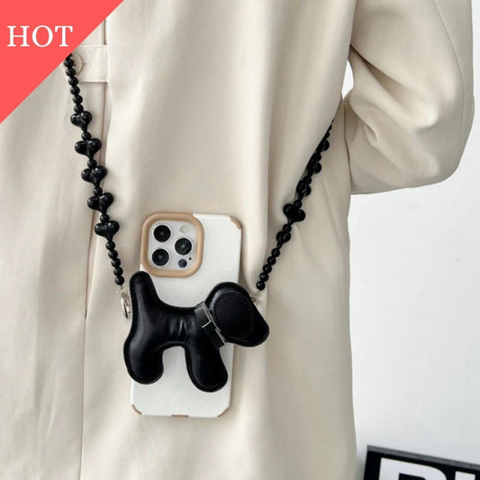 【おすすめ人気アイテム】レザーブラックドッグサイドクリップスマホストラップ【ストラップタイプ】