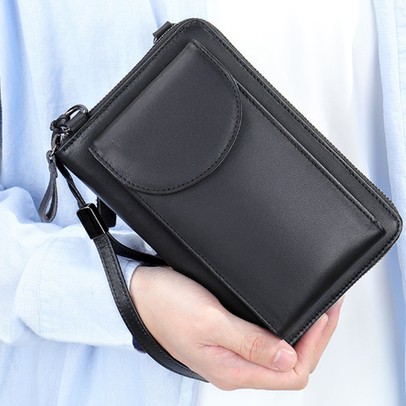 ウォレット付きリアルレザースマホショルダー【ジッパー付き、外 ウォレット付きリアルレザースマホショルダー【ジッパー付き、外