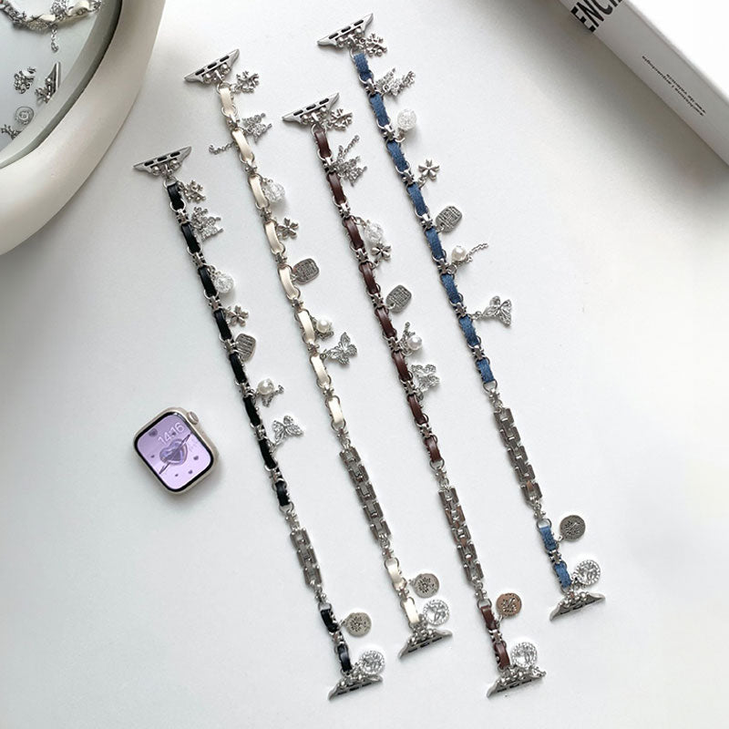 【華奢な煌めき】チャーム付きダブルチェーンアップルウォッチバンド【Apple Watch】