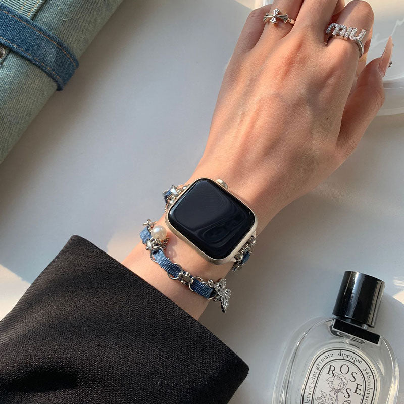 【華奢な煌めき】チャーム付きダブルチェーンアップルウォッチバンド【Apple Watch】