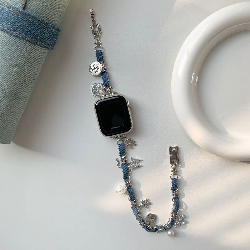 【華奢な煌めき】チャーム付きダブルチェーンアップルウォッチバンド【Apple Watch】