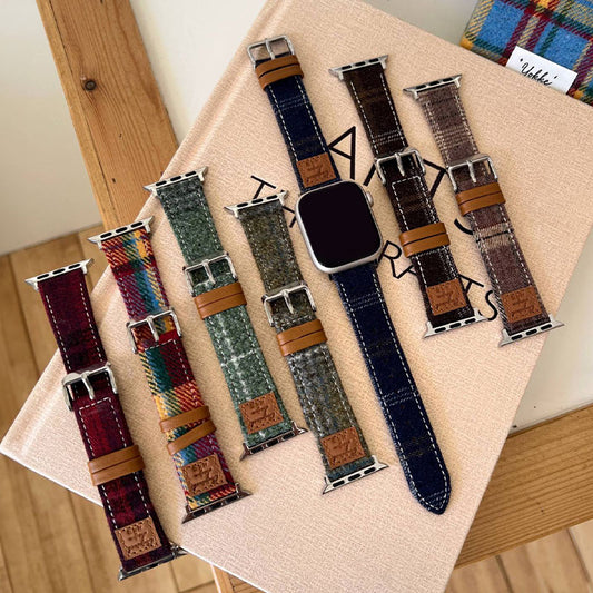 【秋冬コーデ】チェックデザインウールレザーアップルウォッチバンド【Apple Watch】