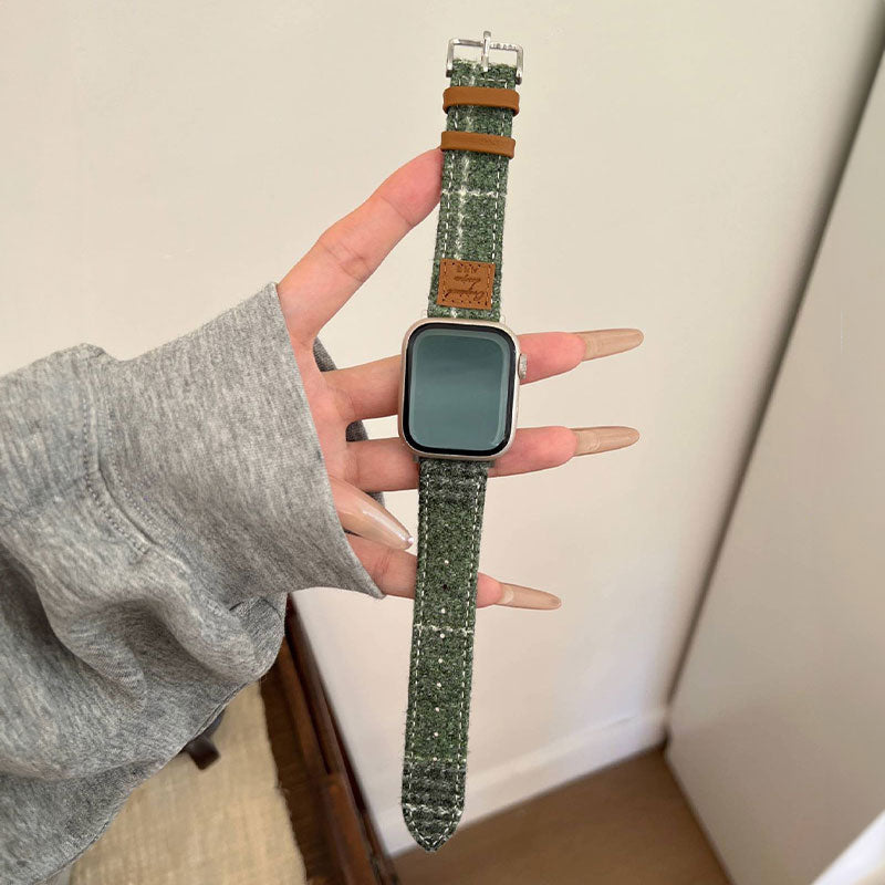 【秋冬コーデ】チェックデザインウールレザーアップルウォッチバンド【Apple Watch】