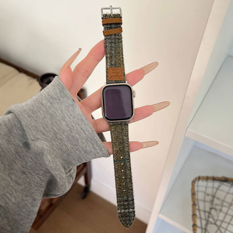 【秋冬コーデ】チェックデザインウールレザーアップルウォッチバンド【Apple Watch】