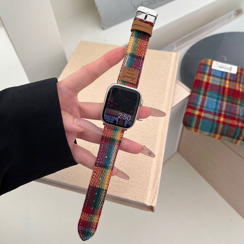 【秋冬コーデ】チェックデザインウールレザーアップルウォッチバンド【Apple Watch】