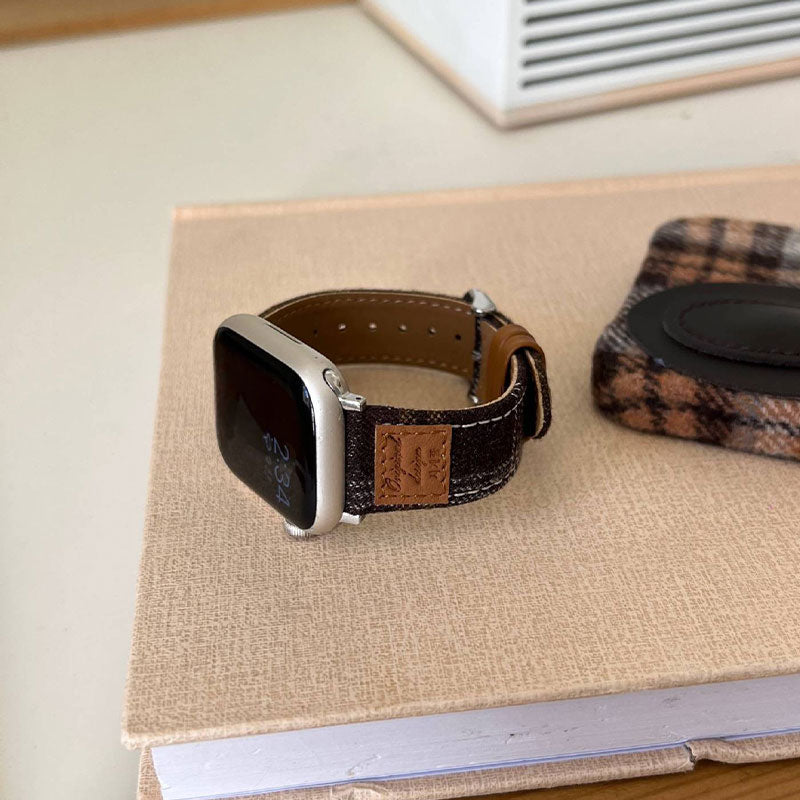 【秋冬コーデ】チェックデザインウールレザーアップルウォッチバンド【Apple Watch】