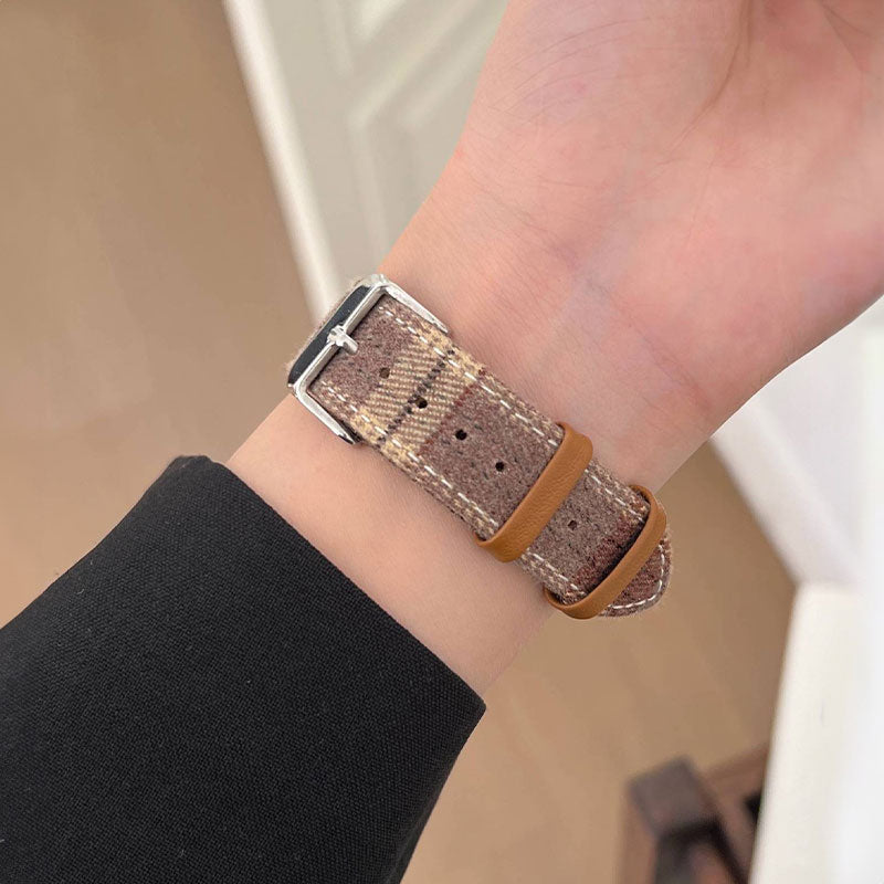 【秋冬コーデ】チェックデザインウールレザーアップルウォッチバンド【Apple Watch】