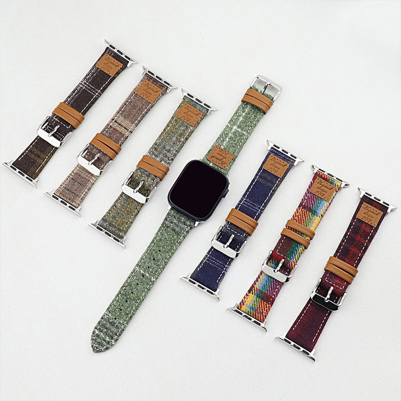 【秋冬コーデ】チェックデザインウールレザーアップルウォッチバンド【Apple Watch】
