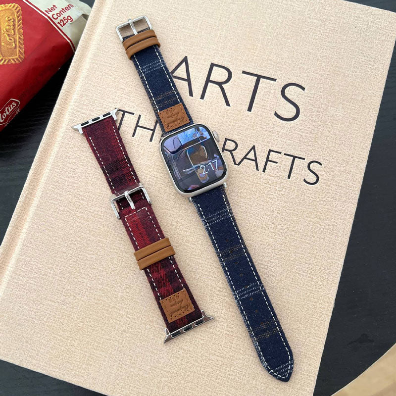 【秋冬コーデ】チェックデザインウールレザーアップルウォッチバンド【Apple Watch】