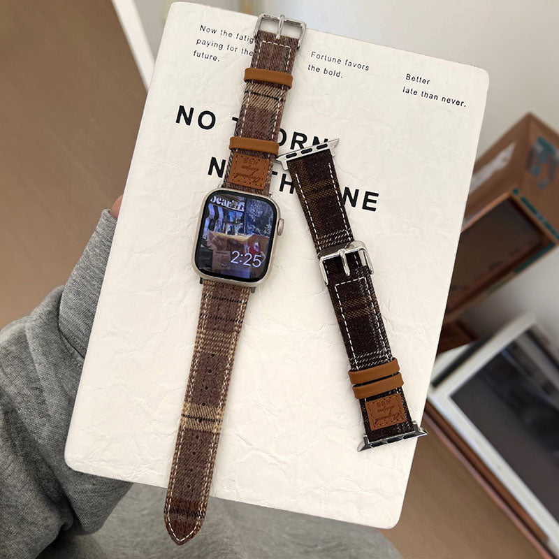【秋冬コーデ】チェックデザインウールレザーアップルウォッチバンド【Apple Watch】