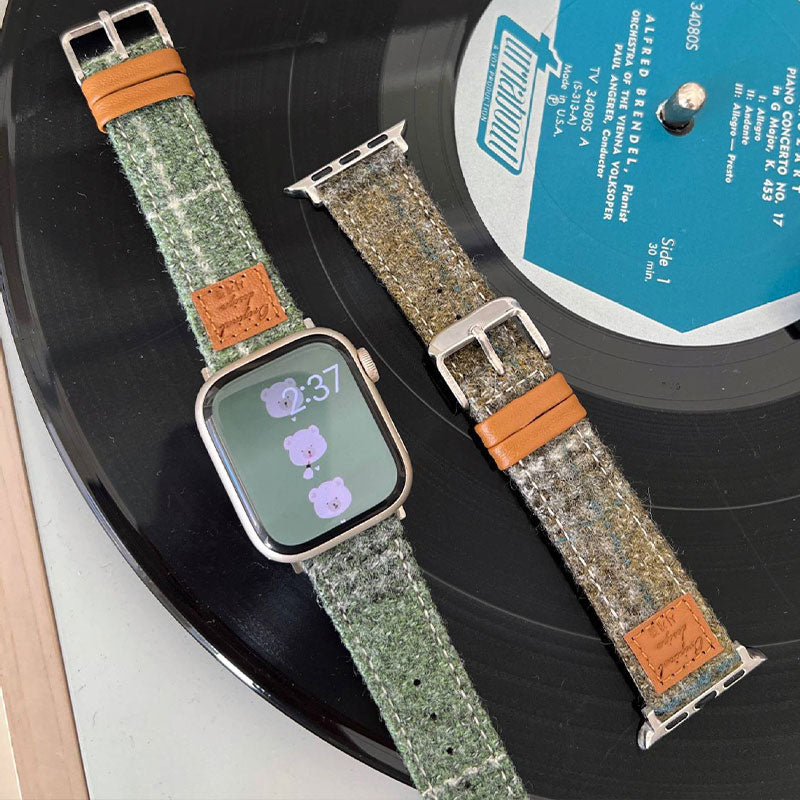 【秋冬コーデ】チェックデザインウールレザーアップルウォッチバンド【Apple Watch】