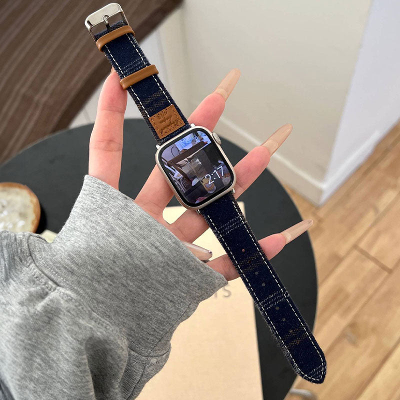 【秋冬コーデ】チェックデザインウールレザーアップルウォッチバンド【Apple Watch】