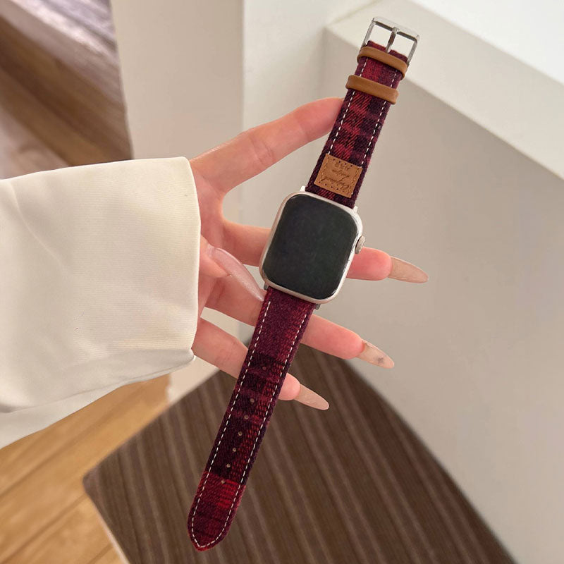 【秋冬コーデ】チェックデザインウールレザーアップルウォッチバンド【Apple Watch】