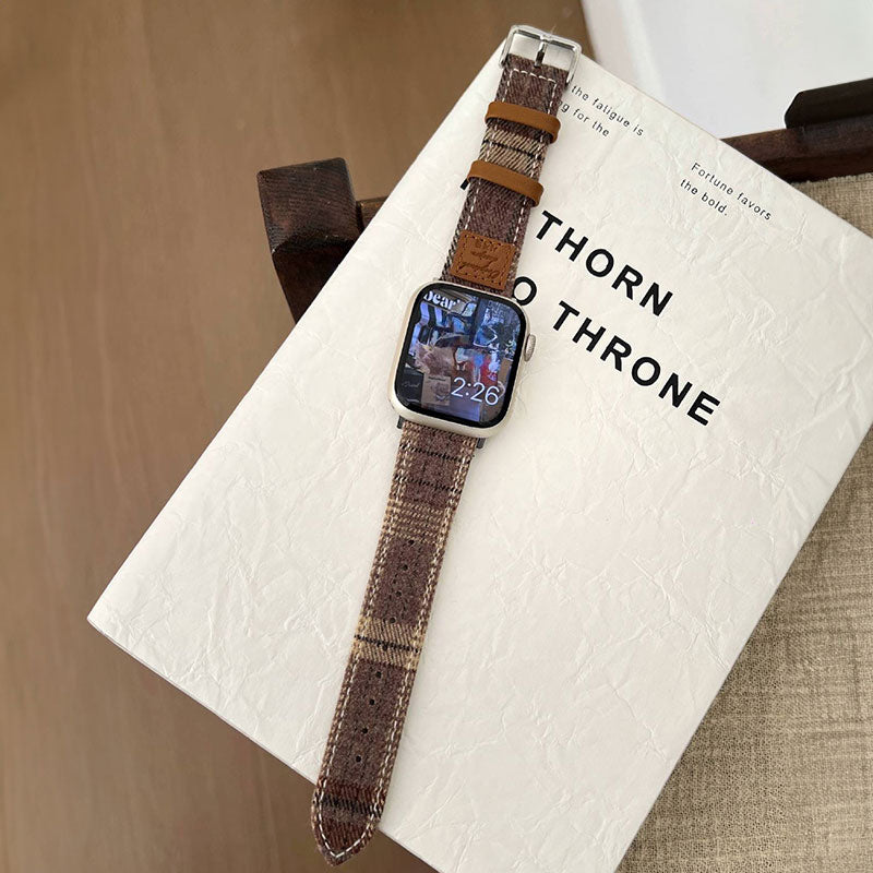 【秋冬コーデ】チェックデザインウールレザーアップルウォッチバンド【Apple Watch】