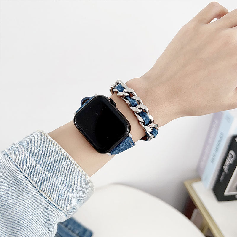 【カジュアルに映える】デニムチェーンダブルループアップルウォッチバンド【Apple Watch】