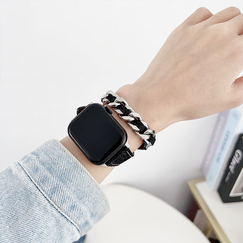 【カジュアルに映える】デニムチェーンダブルループアップルウォッチバンド【Apple Watch】