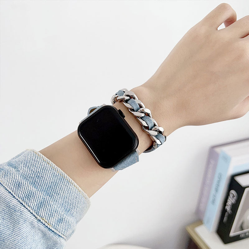 【カジュアルに映える】デニムチェーンダブルループアップルウォッチバンド【Apple Watch】
