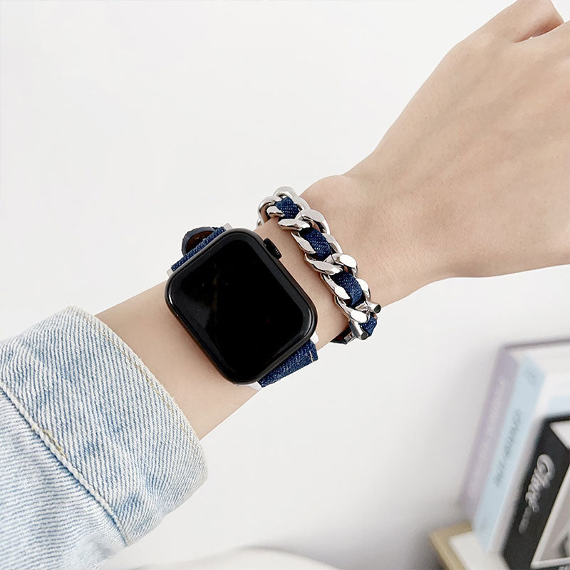【カジュアルに映える】デニムチェーンダブルループアップルウォッチバンド【Apple Watch】