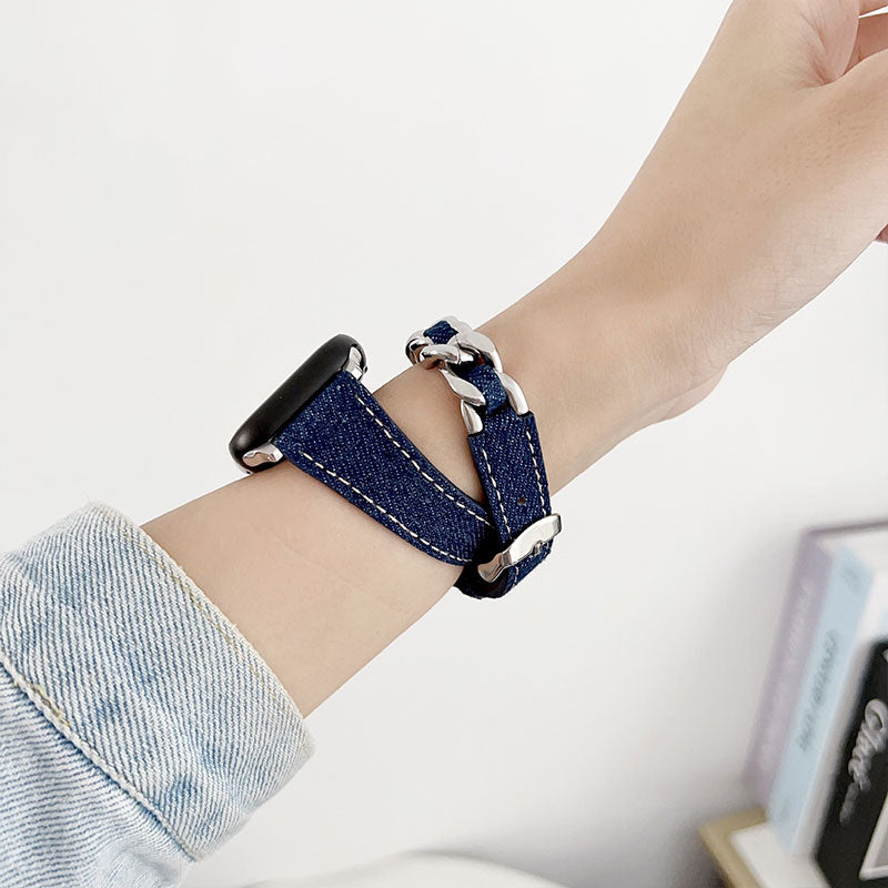 【カジュアルに映える】デニムチェーンダブルループアップルウォッチバンド【Apple Watch】