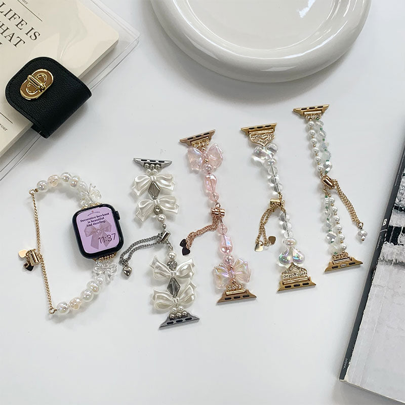 【華やかにきらめく】リボン＆パールアップルウォッチバンド【Apple Watch】
