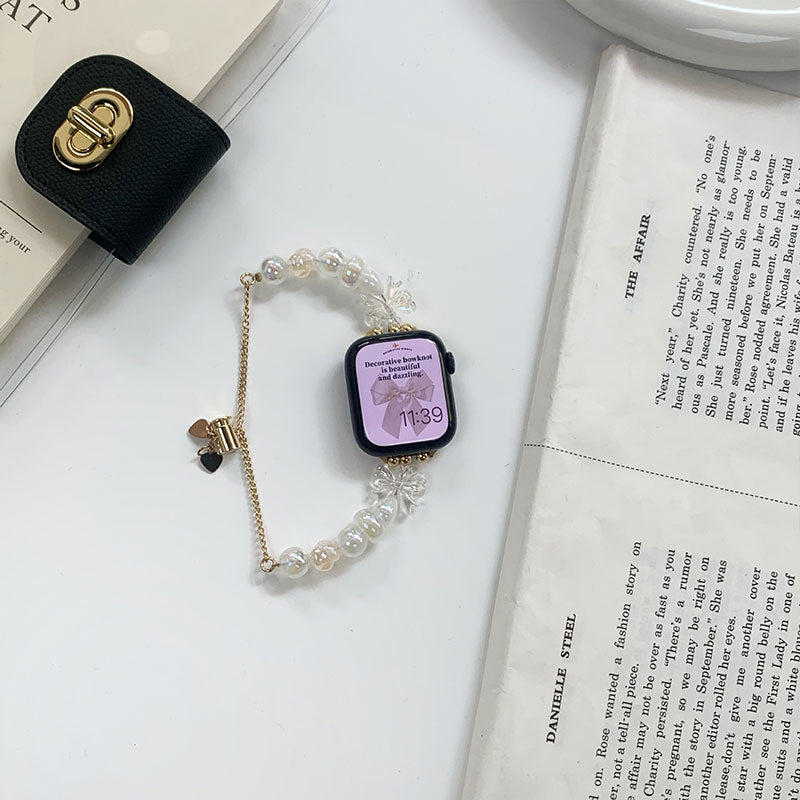 【華やかにきらめく】リボン＆パールアップルウォッチバンド【Apple Watch】