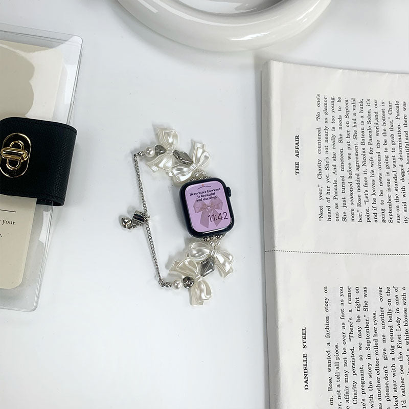 【華やかにきらめく】リボン＆パールアップルウォッチバンド【Apple Watch】
