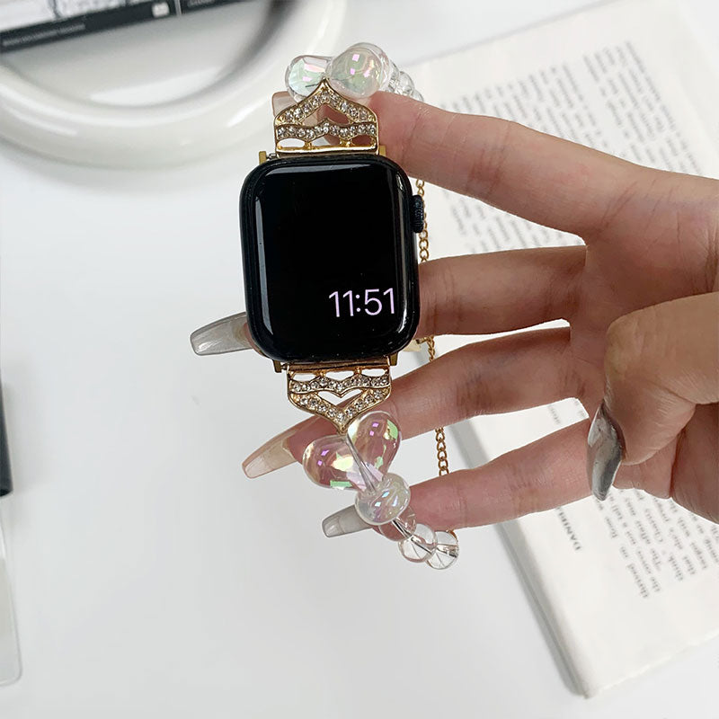 【華やかにきらめく】リボン＆パールアップルウォッチバンド【Apple Watch】