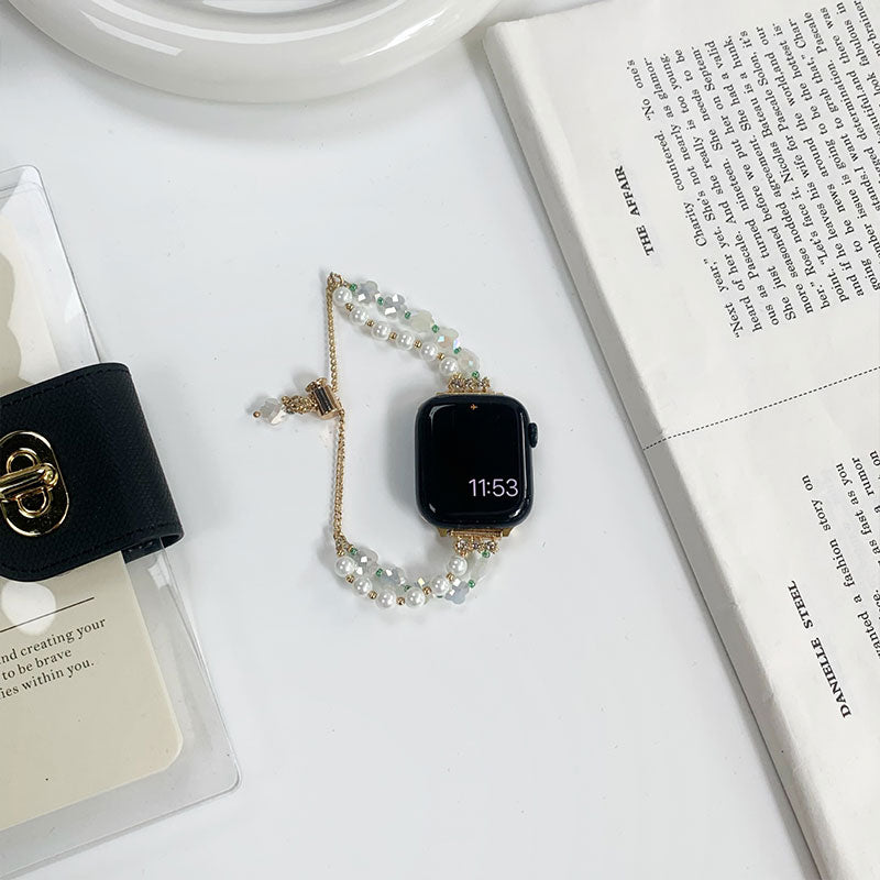 【華やかにきらめく】リボン＆パールアップルウォッチバンド【Apple Watch】