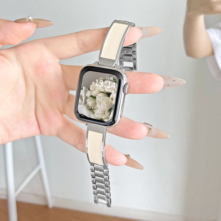 【レザーアクセント】メタルブレスアップルウォッチバンド【Apple Watch】