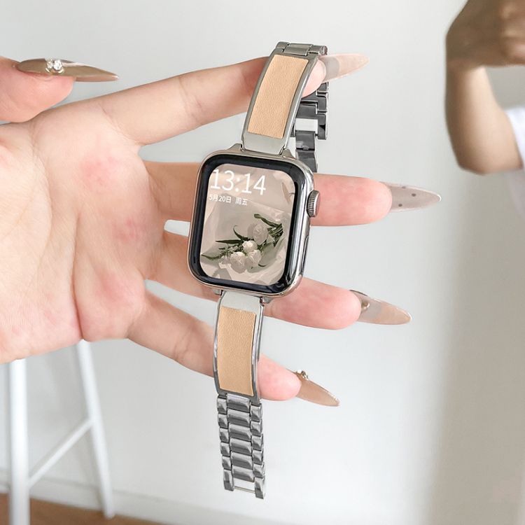【レザーアクセント】メタルブレスアップルウォッチバンド【Apple Watch】