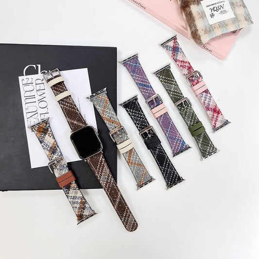 【ぬくもり感じる】チェックウールレザーアップルウォッチバンド【Apple Watch】