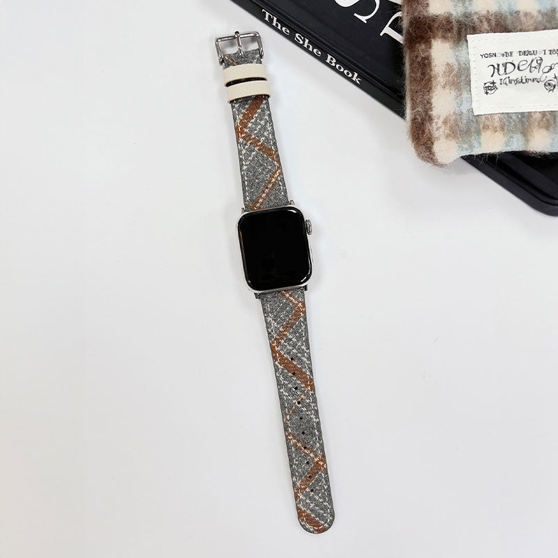 【ぬくもり感じる】チェックウールレザーアップルウォッチバンド【Apple Watch】