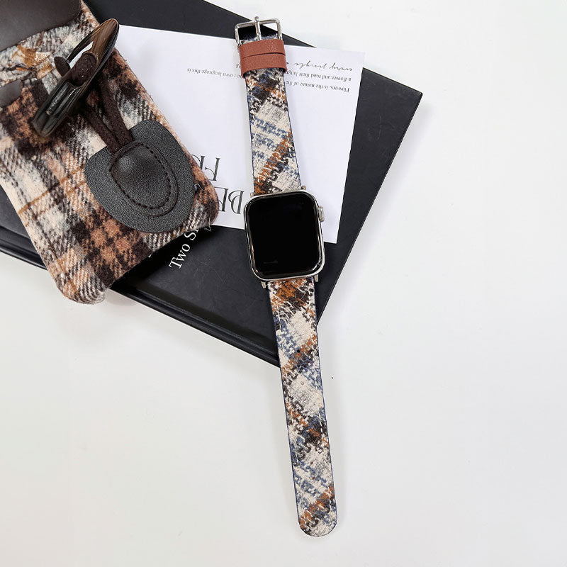 【ぬくもり感じる】チェックウールレザーアップルウォッチバンド【Apple Watch】